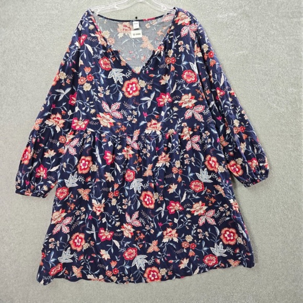 Old Navy Women Dress  XL Blue Floral V Neck 3/4 Sleeve Tunic‎ Pullover